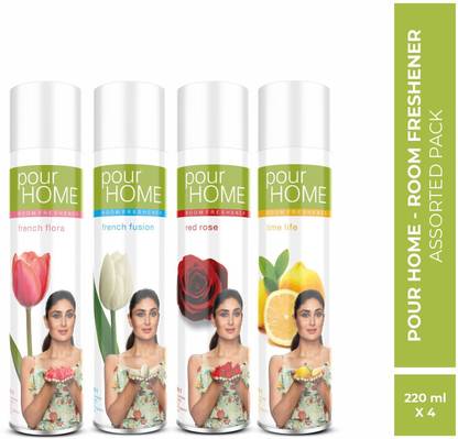 POUR HOME French Flora, French Fusion, Red Rose & Lime Life Room Freshener Combo (Pack of 4) Spray French Flora | French Fusion | Red Rose & Lime Life | Room Freshener Combo (Pack of 4)