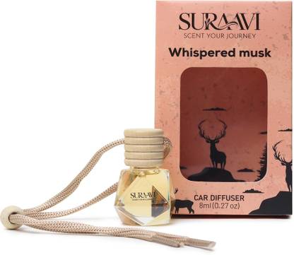 SURAAVI Whispered Musk Car Freshener Diffuser Set Premium Car Perfume Air Freshener Hanging Pod – Whispered Musk Oil Diffuser in Cute Glass Bottle with Wooden Cap | Long Lasting Car Fragrance up to 30 Days