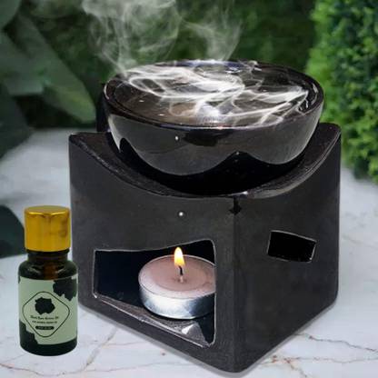 Home Delight Large Katori Ceramic Blue Diffuser Burner With 10ml Lavender Fragrance Oil Diffuser Set, Aroma Oil HD-LargeKatori-Diffuser-Black-BRose-01