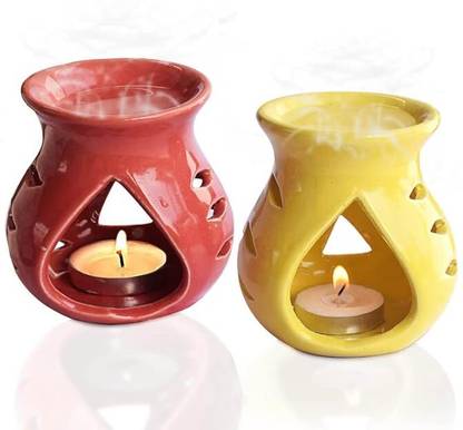 PeepalComm Ceramic Oil Burner Aroma Diffuser Set of 2 (Yellow & Red) With 2 10ml Aroma Oil, Diffuser Set Home Scented Gift Set Of 2 Ceramic Aroma Oil Burner Diffuser With 2 Aroma Oil 10ml Each And 2 T-light Candles Free
