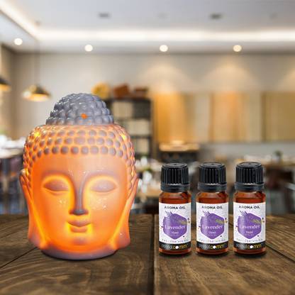 PeepalComm S2 Luxury Home Scented White Buddha Diffuser Lamp With Operating Switch + 3 15ml Aroma Oil, Diffuser Set Combo- Premium Home Scented Electric Buddha Diffuser White Ceramic Night Light Lamp with Dimmer Switch to Control Fragrance & Light Intensity + Set Of 3 Lavender Scented Aroma Oil ( 45 Ml ) Best For Air Freshener And Gifting Purpose