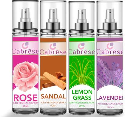 CABRESE Rose, Sandal, Lemongrass, Lavender Spray Rose, Serenity, Aqua, Oudh Air Freshener Spray( 4x60ml)