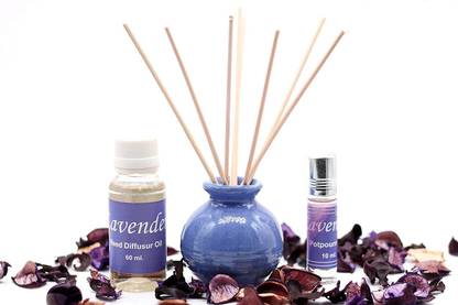 HOMEDECOR Lavender Aroma Oil, Potpourri, Diffuser, Fridge Freshener, Spray, Diffuser Set, Automatic Spray, Blocks, Refill Ceremic Reed Diffuser & Potpourri FRAGANCE Gift Pack - Lavender Diffuser 60ml & Potpourri 5 ml Fragance Oil, Reed Stick with Decorative Potpourri N Pot -0314LG - Sold by KAH