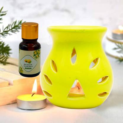 Home Delight Small Ceramic Yellow Diffuser With 10ml Citrus Fragrance, One Tea Lights Candles Diffuser Set, Aroma Oil HD-S-Diffuser-Yellow-Lemon-01