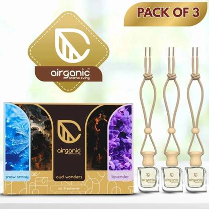 Airganic Aroma Swing Combo Offer: Oud Wonder, Lavender & Snow Smog Car Freshener Diffuser Aroma Swing Combo Offer: Oud Wonder, Lavender & Snow Smog | Aroma with Essential Oils in Glass Bottle with Wooden Diffuser Lid| Car Hanging Accessories| Car Accessories Interior