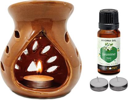 PeepalComm Ceramic Clay Candle Operated Aroma Burner With 2 tlight 1 Lgrass 15ml Aroma Oil, Diffuser Set Premium Ceramic Clay Oil Burner Aroma Diffuser -Set of 1 with 1 15ml High Scented Lemon Grass Aroma Oil & 2 Tlight Candle S1