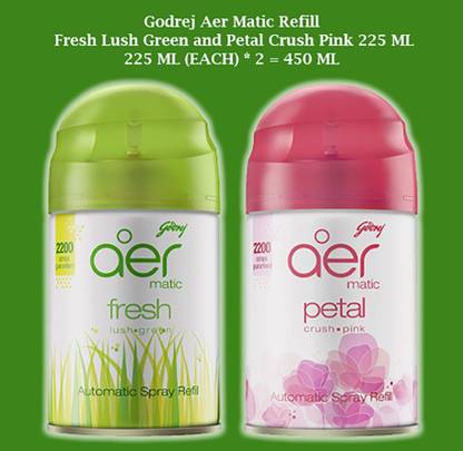 Godrej Aer FRESH LUSH GREEN, PETAL CRUSH PINK Refill MATIC LUSH GREEN AND PETAL CRUSH 225ML