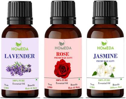 Homeda Lavender, Jasmine and Rose Aroma Oil Lavender, Jasmine and Rose Essential Oil for Hair, Diffuser, Sleep, Skin, Face 15ml each