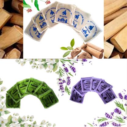 Herbal Treasures Mysore Sandalwood, Jasmine and Lavender Fragrance Sachet - 18 nos Potpourri Mysore Sandalwood, Jasmine and Lavender Fragrance Sachet - 18 nos | Sachets for Your Wardrobe, Cupboard, Closet, Drawers, Purses, Handbags, Clothes, Saree, Dress, Laundry & Puja Temple