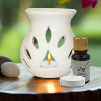 Home Delight Medium Ceramic White Diffuser With 10ml Jasmine Fragrance, One Tea Lights Candle Diffuser Set, Aroma Oil HD-M-Diffuser-White-Jasmine-01