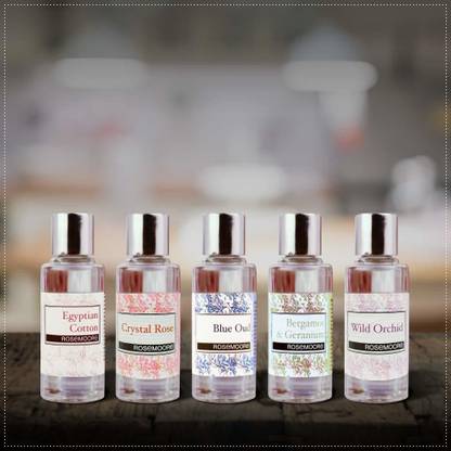 ROSeMOORe Aroma Diffuser Oil/Scented oil/Fragrance oil (Pack of 5, Egyptian Cotton | Blue Oud | Crystal Rose | Bergamot & Geranium | Wild Orchid - 15ml each) Aroma Oil 4234