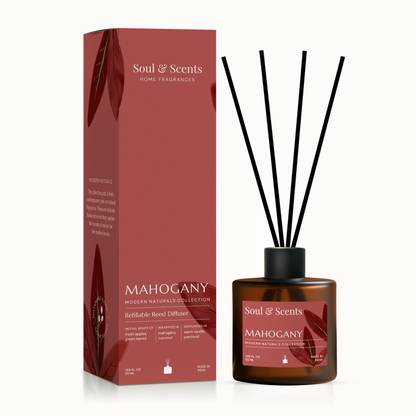 Soul & Scents Mahogany Diffuser Set Mahogany Reed Diffuser Set - 50ml | A Rich & Warm Scent of Woods | Get 5 Rattan Reed Sticks | Smoke Less Room Freshener for Home, Bedroom, Living Room & Office