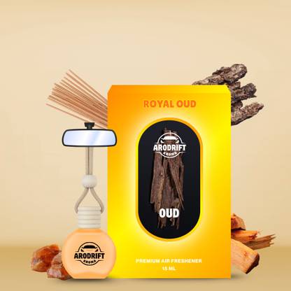 AroDrift Royal Oud Aroma Oil, Diffuser Set, Refill Premium Hanging Car Perfume Pack Of 1 Royal Oud Last Up to 30 Days Car Accessories Natural Essential Fragrance Oils in Glass Bottle with Wooden Diffuser Lid 15ML