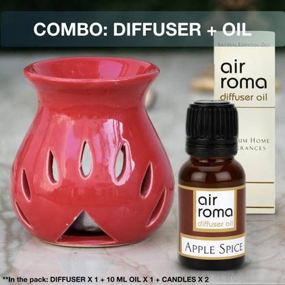Airroma Apple Spice Diffuser, Diffuser Set, Aroma Oil Ceramic Aroma Diffuser Oil Burner(Red) with 10ml Apple Spice Diffuser Oil & 2 Pcs Candles