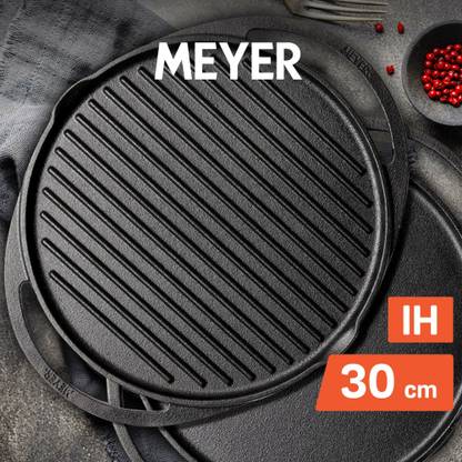 Meyer Pre-Seasoned 30cm Cast Iron 2-In-1 Grill & Griddle (Grillpan + Dosa Tawa) Airfryer Grill Pan