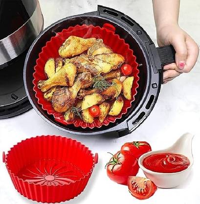 Besillia Air Fryer Silicone Pot Set of 1,Silicone Liners Food Safe Non Stick,8.5Inch,Red Airfryer Tray