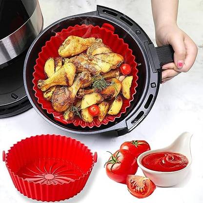 Besillia 8.5Inch,Air Fryer Silicone Pot Set of 1,Silicone Liners Food Safe Non Stick,Red Airfryer Tray