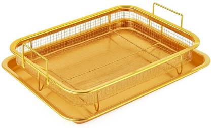 PRATYADH Air Fryer Basket for Oven – 2-Piece Golden Stainless Steel Crisper Tray Airfryer Tray