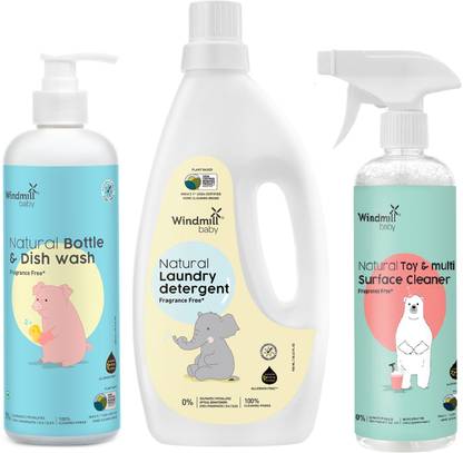 Windmill baby Fragrance Free Bottle Wash 450ml + Laundry Detergent 900ml + Toy Cleaner 450ml