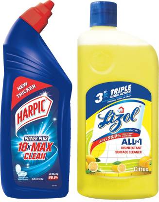 Harpic Disinfectant Toilet Cleaner Liquid, Original - 1 L and Lizol Floor Cleaner, Citrus - 975 ml (1.975 L)