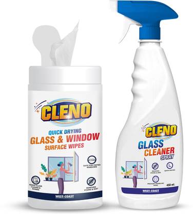 CLENO Quick Drying Glass Window Surface Wipes - 50 Wipes & Glass Cleaner Spray - 450ml