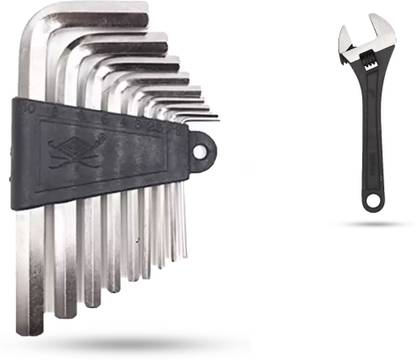 Hillgrove HGCM485M1 Hex Allen Key with 8"Inch Adjustable Wrench Bolt Spanner Tool Allen Key Set