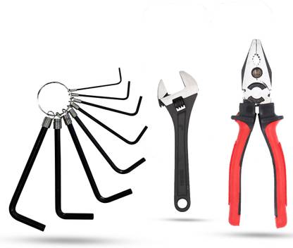 Hillgrove HGCM570M1 Hex Allen Key with 8"Inch Adjustable Wrench And Combinational Plier Allen Key Set