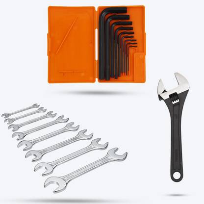 Hillgrove HGCM333M1 9Pcs Hex Allen Key Kit with 8Pcs Double Open End/Adjustable Wrench Allen Key Set