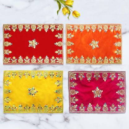 Shopperduniya Pooja Aasans in Multiple Variants - Pink, Yellow, Red, and Orange in 9x13 Inches Altar Cloth