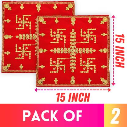Bhakti Lehar ( 15 x 15 Inch ) Embroidery Swastik Design Velvet Red Pooja Aasan Chowki Altar Cloth
