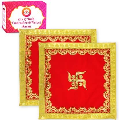 Bhakti Lehar ( Size: 17 x 17 Inches ) Fancy Swastik Design Red Velvet Pooja Aasan Cloth for God Mandir / Choki Aasan Kapda Mat for God Idols Sitting, Home Mandir, Temple and Pooja Ghar Aasan Altar Cloth