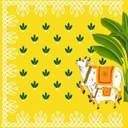 Event Fabric Supplier Two cows & Tree Yellow Wedding Backdrop Cloth for All Festivals Altar Cloth
