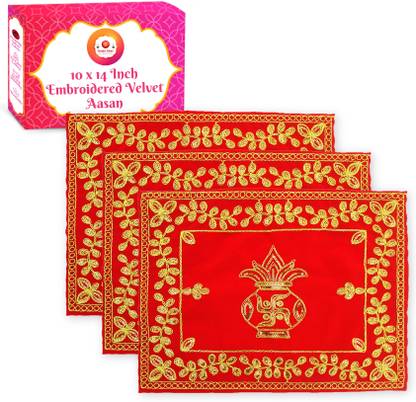 Bhakti Lehar ( 10 x 14 Inch ) Kalash Design Embroidered Velvet Pooja Aasan Cloth for Temple Altar Cloth