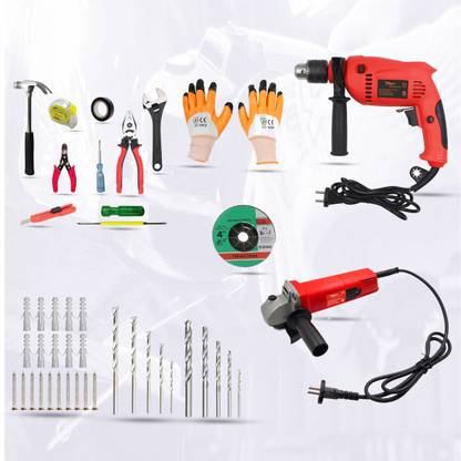 Hillgrove HGCM234M1 15Pcs Combo Kit Set with 700 W Power Drill Machine and Angle Grinder