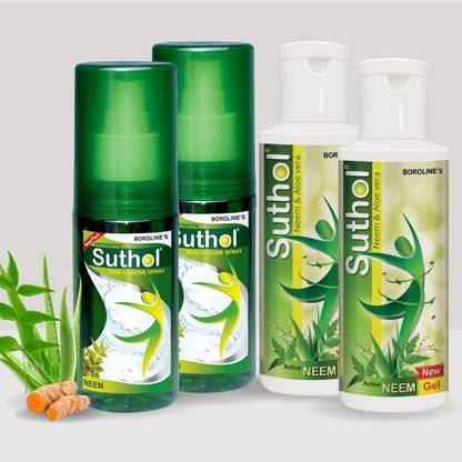 BOROLINE Active Neem Gel 100 ml X 2 + Active Neem Spray 100 ml X 2 | Stops irritation Antiseptic Gel