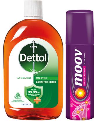 Dettol Antiseptic Liquid, 750ml with Moov Instant Pain Relief Spray-50 g Antiseptic Liquid