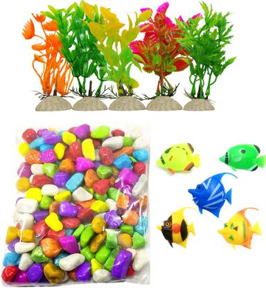 Sky Aquarium Decoration combo kit for Artificial Colorful 5 Plant,5 Fish,Multi stone River Rock Planted Substrate