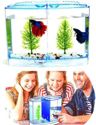 VAYINATO Acrylic Mini Betta Fighter Partition Fish Tank with Plant (Double Partition) Aquarium Tool