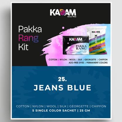 KADAM Pakka Rang Permanent Fabric Dye Colour | Shade No.25: Jeans Blue | 25g Pack
