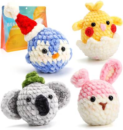 Zibuyu DIY Crochet Kit Set of 4Pcs Cartoon Chenille Crocheted Stuffed Toy Desk Décor