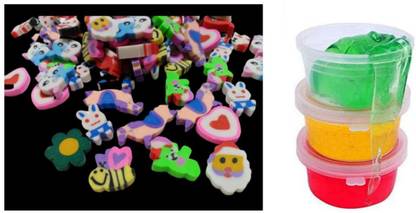 imtion Combo ( 3 Pcs Crystal Slime jelly clay + 10 Pcs Cartoon eraser