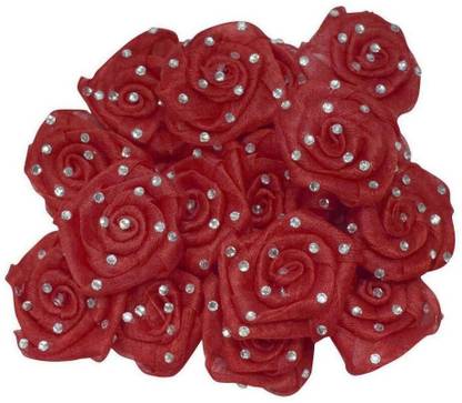 एशियाई Satin & Tissue Stone Ribbon Rose Flower: (51 MM): Pack of 24pcs : Red