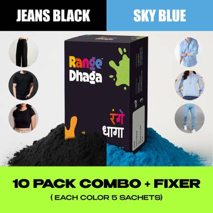 rangedhaga Fabric Dye, Jeans Black & Sky Blue, Combo 10(5+5) Multifabric dye Color,DyeFixer