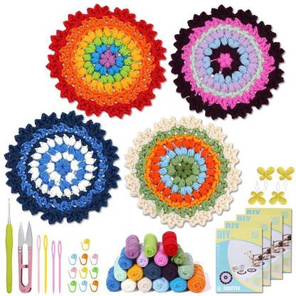Zibuyu DIY Crochet Kit Set of 4Pcs DIY Crocheting Coasters Material Kit Floral