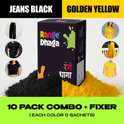 rangedhaga Fabric Dye, Jeans Black & Golden Yellow, Combo 10 (5+5) Fabric Dye with Fixer