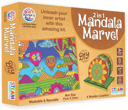 Ratnas 2in1 Mandala Marvel (1108) DIY Coluring Kit for Wooden Coaster & Canvas Mat