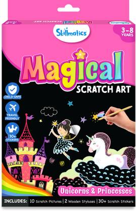 Skillmatics Magical Scratch Art Book - Unicorns & Princesses, Craft Kit for Kids Ages 3 to 8