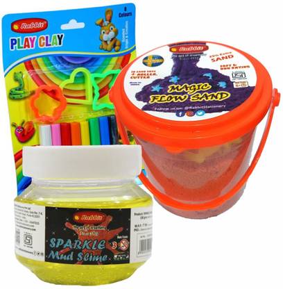 Rabbit Play Pack of 8 Color Clay Blister Card+2Sand Bucket 500gm+ 1 Sparkle Mud Slime