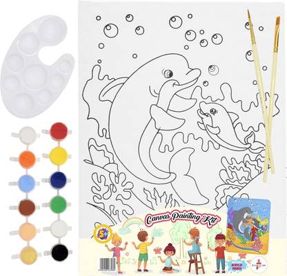 Kalakaram Dolphin Canvas Painting Kit with Printed Canvas Board, Paints and Brushes