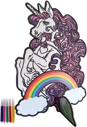 Birthday Popper Unicorn Theme Velvet Coloring Stand, 29cm Size with 5 Sketch Pens